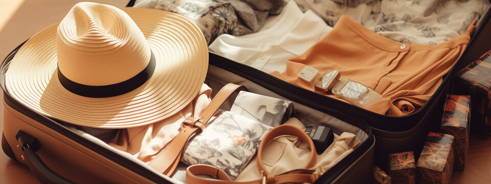 Stylish Travel Suitcase with Clothes, Hat, and Accessories for Vacation