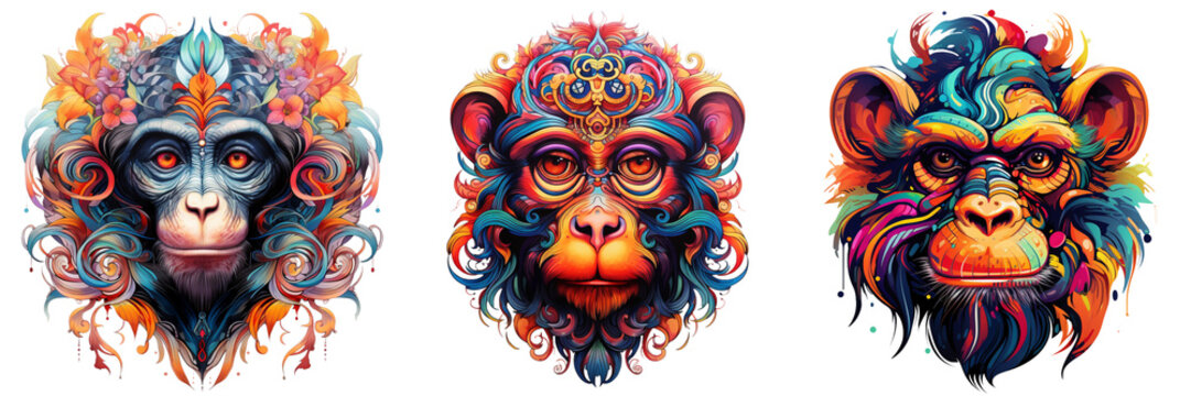 \ - A  set of Intricately detailed monkey tattoo & t-shirt design with vivid color in transparent background