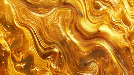 Elegant Swirls of Gold Fluid Art in a Luxurious Marbling Paint Texture Background, Capturing the Opulent Movement and Seamless Flow, Perfect for High-End Design Use.