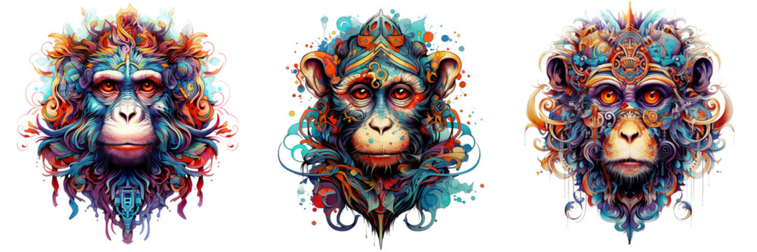 \ - A  set of Intricately detailed monkey tattoo & t-shirt design with vivid color in transparent background (2)