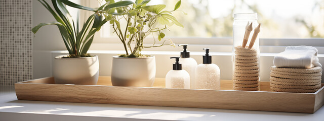 Elegant Bathroom Accessories on Tray by Window: Serenity at Home
