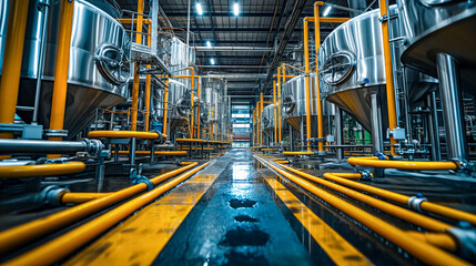 Symmetrical View of Pipes and Tanks in an Industrial Brewery
