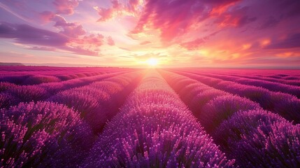 Lavender fields under a summer sky, rows upon rows of purple stretching towards the horizon. - obrazy, fototapety, plakaty