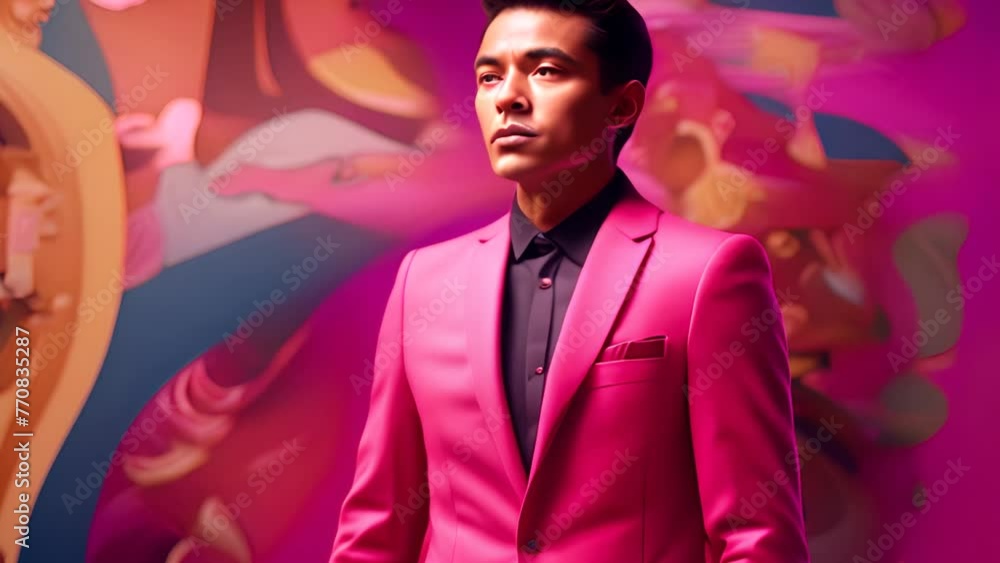 Poster man in pink suit in front of colorful wall generative ai