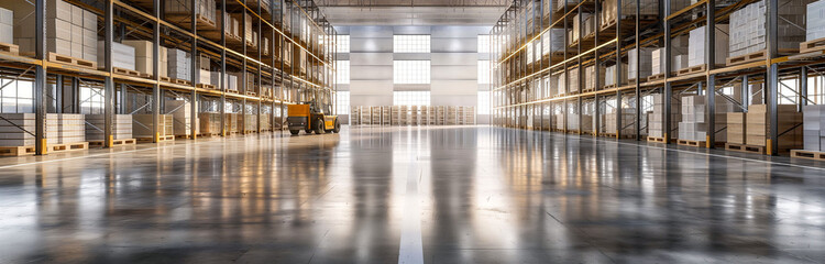 Empty Warehouse Interior with Shelves and Polished Floor
