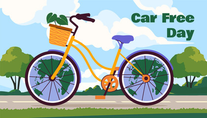 Car free day poster. Bicycle with flowerpot. Eco friendly transport. Cycle at city park. Care about nature and environment. International holiday and festival. Cartoon flat vector illustration - obrazy, fototapety, plakaty