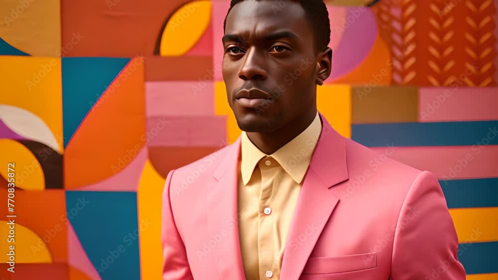 Poster man in pink suit standing in front of colorful wall generative ai