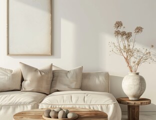 A living room featuring soft neutral colors with white walls