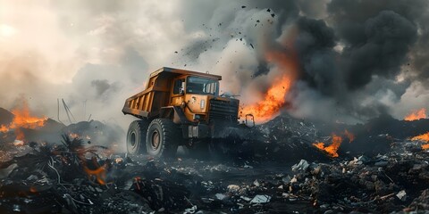 Dump truck and bulldozer working in flaming landfill with smoke and plastic pollution in background. Concept Landfill Pollution, Dump Truck, Bulldozer, Plastic Waste, Environmental Degradation