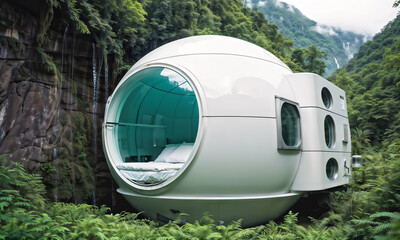 futuristic white sphere house on wheels is parked in a forest with a waterfall. The sphere has a round window and a bed inside. The house has multiple small windows and a hatch. - 770836224