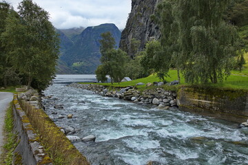 Mouth of river Undredalselvi into Aurlandsfjord at Undredal in Norway, Europe
