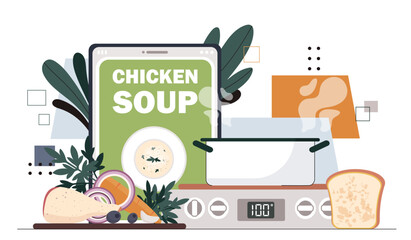 Chicken soup online concept. Natural and organic products. Vegetables with vitamins near saucepan. Tutorial and cooking guide on internet. Food preparation. Cartoon flat vector illustration
