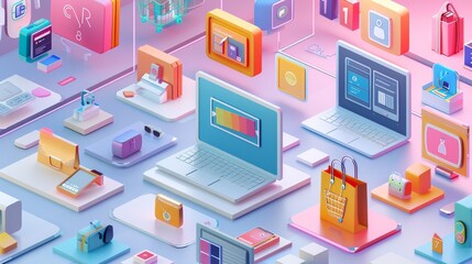 Fototapeta premium Collage of shopping platforms, showcasing payment options, customer service scenarios, and diverse product selections, in a vibrant and engaging layout