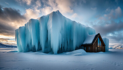 small house is surrounded by a large ice formation. The sky is cloudy, and the sun is setting. - 770836807