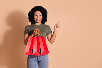 Photo of positive woman wear khaki t-shirt hold shopping bags look indicating at promo empty space...