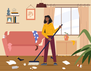 Woman cleaning house concept. Young girl with brush inside apartment . Cleaniness and hygiene. Mess and chaos in apartment. Housewife in dirty room. Cartoon flat vector illustration