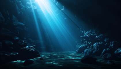 underwater scene featuring a rock cave with sunlight shining through the water