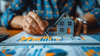 A man uses a virtual house icon to analyze mortgage loan, insurance, interest rates, investment planning, and business real estate, illustrating the concept of real estate investment. - obrazy, fototapety, plakaty