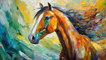 Fototapeta na wymiar Abstract illustration of beautiful horse. Wild animal. Oil palette knife painting. Hand drawn