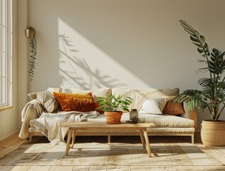 A living room with a beige sofa, wooden coffee table and potted plants in a light brown color theme