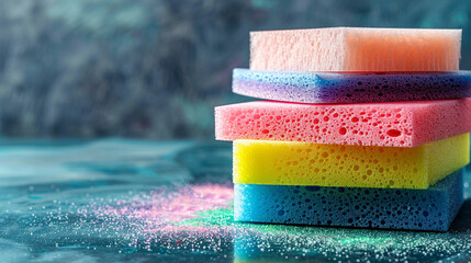 set of colorful sponges for washing dishes and cleaning - obrazy, fototapety, plakaty