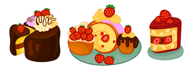 Bakery and pastry shop desserts banner set. Cake, cake slices, chocolate brownie, fruit dessert, cherry, strawberry, cookie and caramel. Vector illustration.