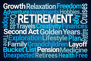 Retirement Word Cloud on Blue Background
