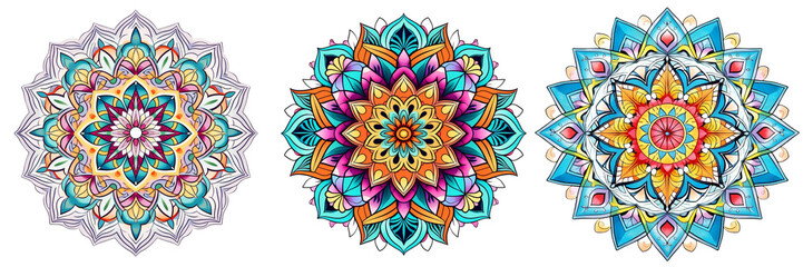 \ - A set of intricate geometric colorful mandala design for adult isolated in transparent background (4)