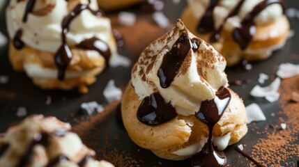 Decadent Cream Puffs with Chocolate Drizzle and Cocoa Dusting
