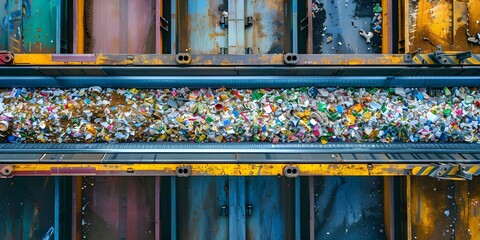 A conveyor belt at a waste transfer station sorts waste for recycling or landfill. Concept Waste Management, Recycling Process, Waste Sorting Technology, Environmental Sustainability