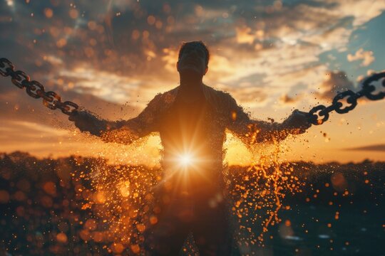 man breaking chains to become free and independent