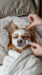 Pampered pooch in spa relaxation with soothing eye mask on cozy towel