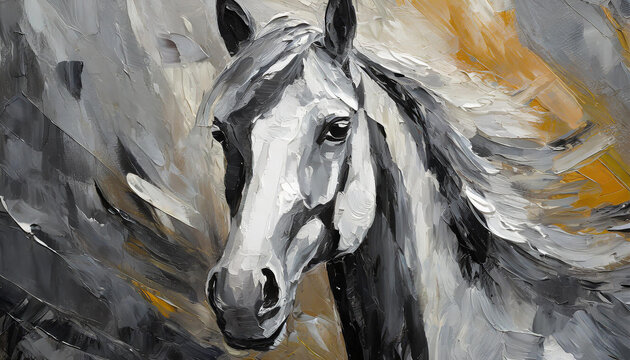 Abstract illustration of beautiful horse. Wild animal. Oil palette knife painting. Gray tones.