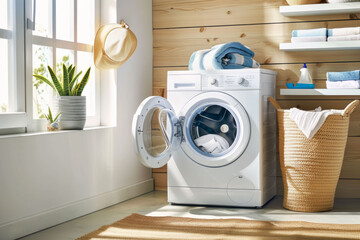 Cozy home laundry room with a white washing machine. AI generative