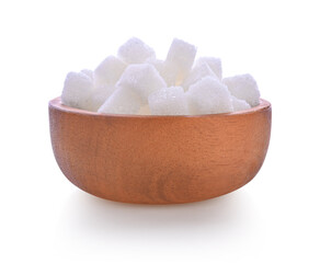 White sugar cubes in wooden bowl isolated on white background