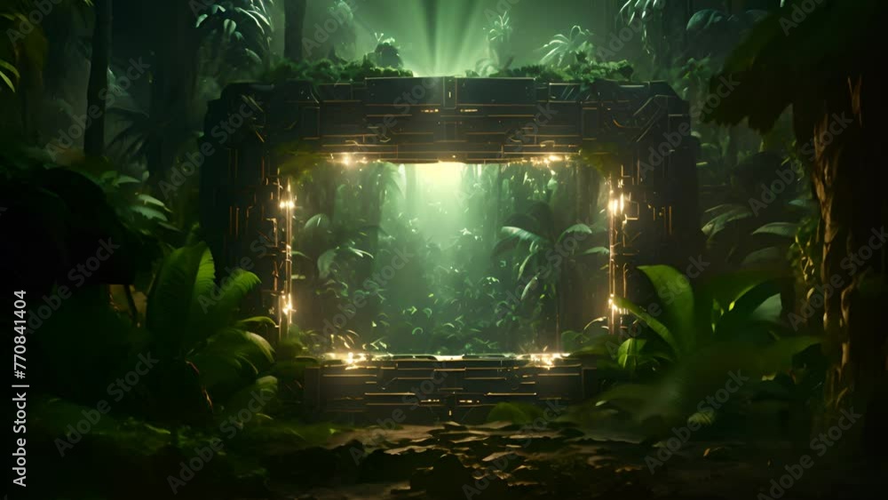Poster illuminated jungle scene with central light generative ai