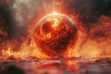 Red golfball-looking orb exploding with a sphere of raging fire. - obrazy, fototapety, plakaty