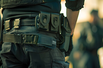Close-up of police tactical gear with handcuffs and radio