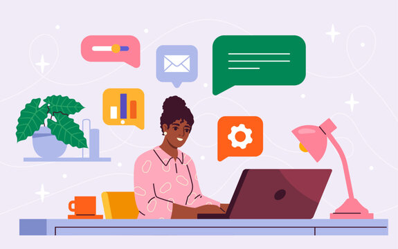 Digital multitasking concept. Woman with laptop. Time management and organizing effective work process. Hardworking employee. Cartoon flat vector illustration isolated on pink background