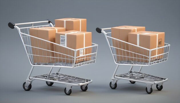 3d Vector Shopping Trolley with Parcel boxes, Shopping Online Concept. Eps 10 Vector.