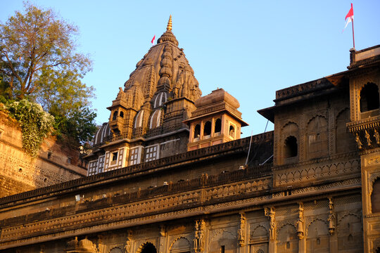 24 Feb 2024, Exterior View of the scenic tourist place Maheshwar fort or Ahilya fort in Madhaya pradesh in India. this monument on the banks of the narmada, Beautiful sculpture or carvings on the wall
