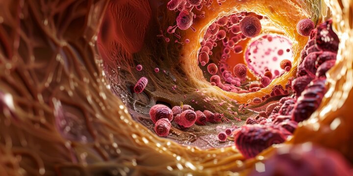 Digital illustration close-up of cholesterol in a blood vessel with cells and plaques.