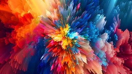 A colorful explosion of paint with a rainbow of colors. The colors are bright and vibrant, creating a sense of energy and excitement. The explosion of paint seems to be coming from a single point - obrazy, fototapety, plakaty