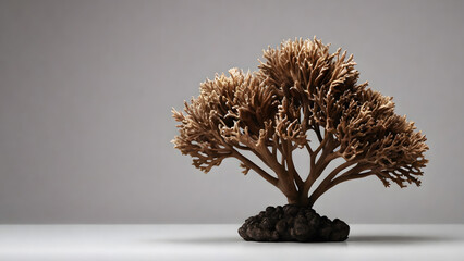 A single piece of dead, dark-colored coral against a minimalist, stark gray backdrop with copy space. - Powered by Adobe