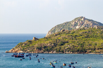 Beautiful Landscape Of Rock Mountain And Fishing Boats At Vinh Hy Bay In Ninh Thuan, Vietnam. Vinh...
