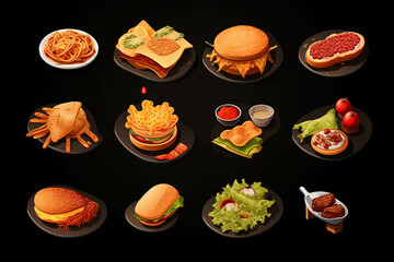 Includes a collection of various types of fast food snacks in one image.