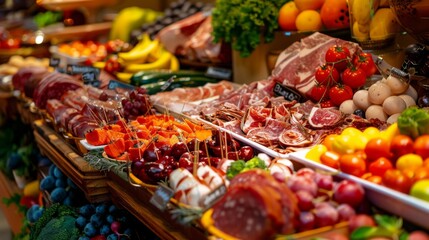 Buffet in a restaurant, close-up of an assortment of meats, bright fruits and bright vegetables