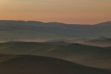 Tuscany fields in springtime, sunrise mood,, Val d'Orca, Pienza region Italy