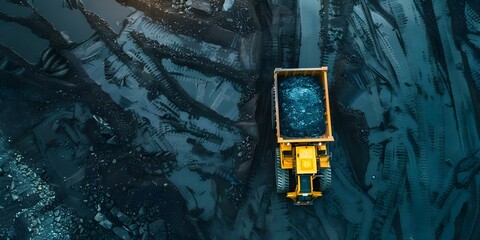 Obraz premium Realistic photo of open pit mining with large yellow dump truck extracting anthracite coal showcasing scale of machinery. Concept Mining Industry, Heavy Equipment, Anthracite Coal, Large Dump Truck