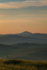 Tuscany fields in springtime, sunrise mood,, Val d'Orca, Pienza region Italy